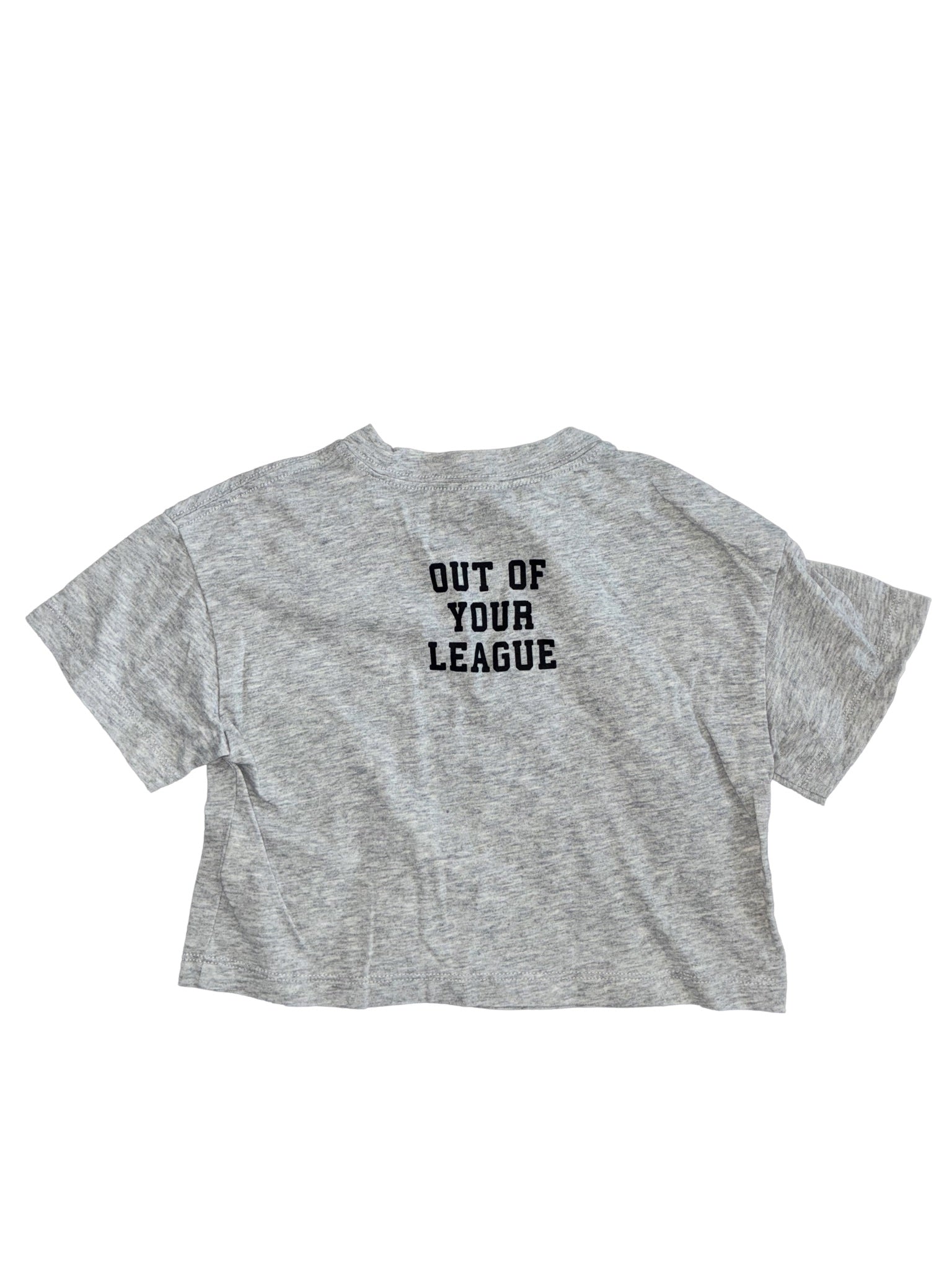 41: Heather Gray Athletic Crop Top with “Out Of Your League” on The Back (back)